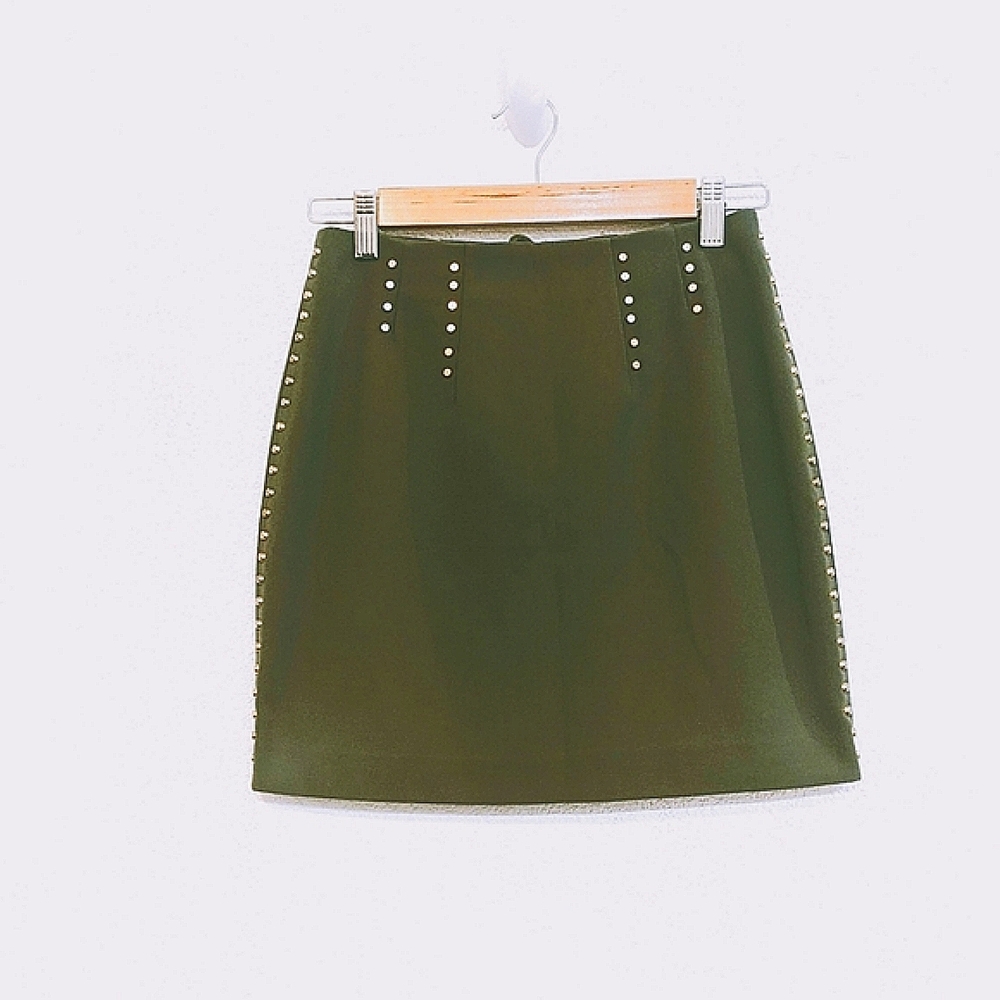 H&M Green Mini Pencil Skirt with Gold Stud Detail
